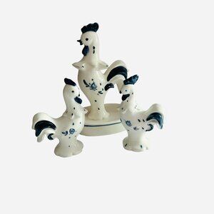 Vintage Ceramic Rooster Blue White Salt Pepper Shakers Spoon Rest Inarco Japan